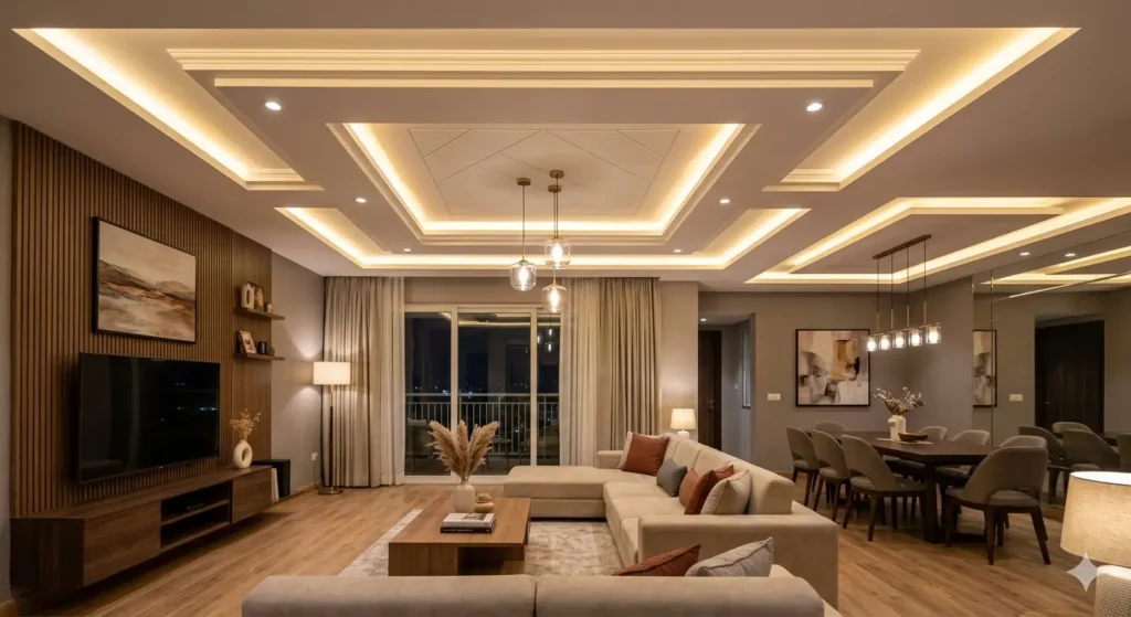 3BHK Interior Design Cost in Jamtha Nagpur 3 Multi level gypsum false ceiling with warm cove lighting for a spacious 3BHK living area