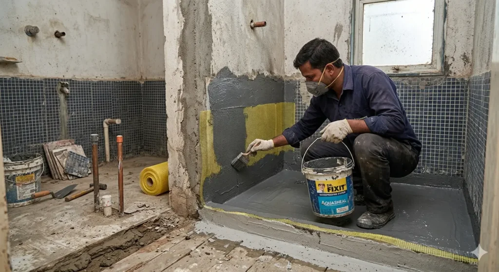 Interior Design Near Hingna Road Nagpur 4 Multi stage bathroom waterproofing treatment being applied to an older Hingna Road flat