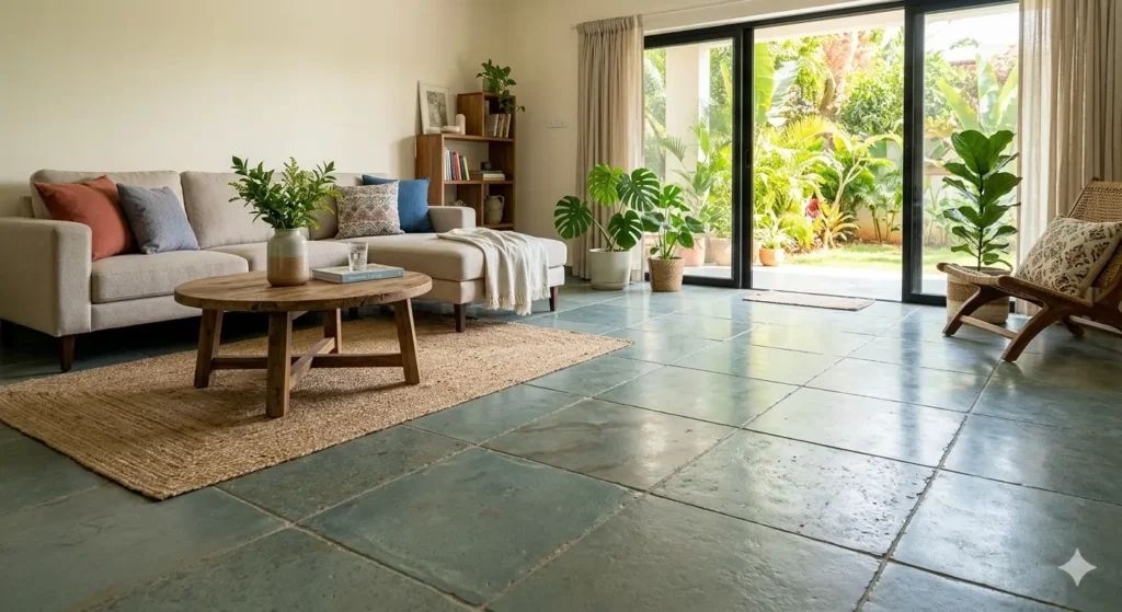 Best Interior Design for Nagpur's Extreme Heat 2 Natural Kota stone flooring in a Nagpur living room for superior thermal comfort during summer