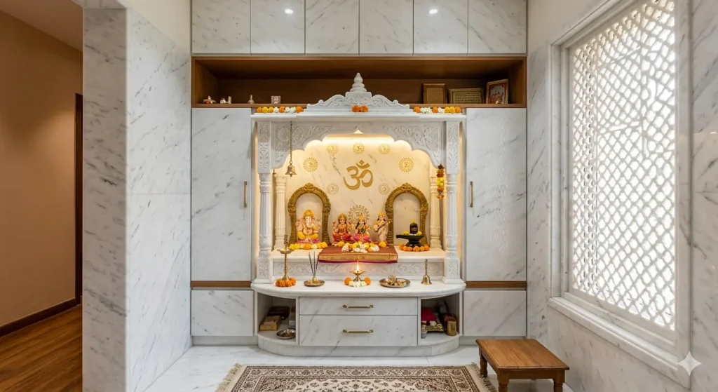 Vastu Compliant Interior Design in Nagpur 4 Northeast marble Pooja room design with integrated storage for a modern Nagpur home