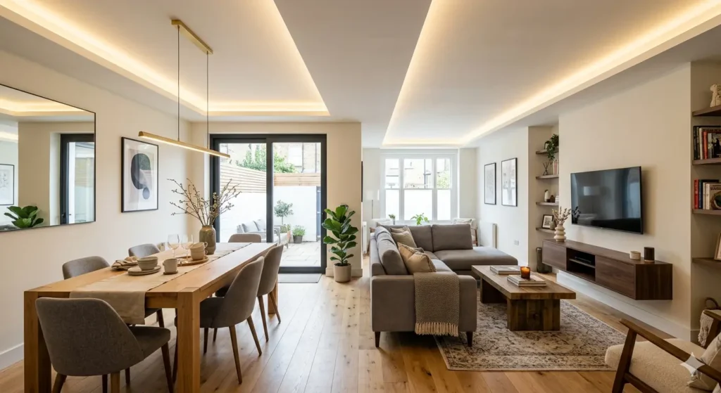 Interior Design for Row Houses in Nagpur 3 Open plan living and dining area in a row house with continuous gypsum false ceiling and cove lighting