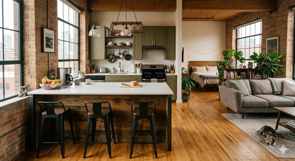 Interior Design for Studio Apartments in Nagpur 1 Open plan studio apartment in Nagpur using a breakfast counter as a functional zone divider