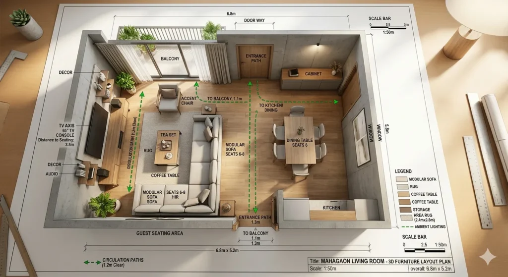 Optimized furniture layout for multi functional living rooms