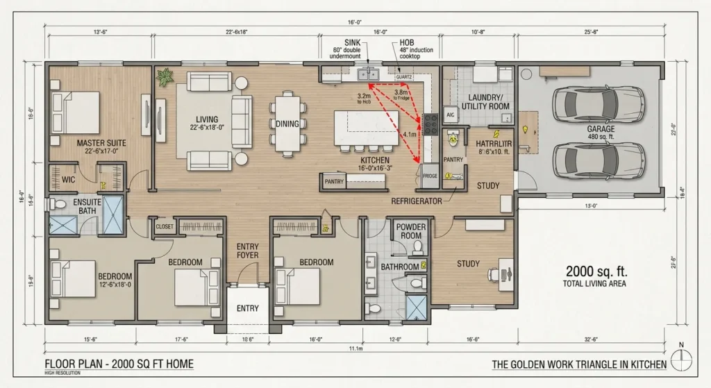 Optimized kitchen work triangle for Dhamangaon residential design