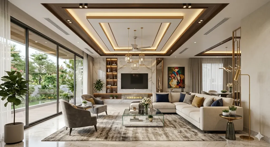 3BHK Interior Design Cost in Besa Nagpur 2 Photorealistic 3D interior design render of a spacious Besa drawing room with multi level false ceiling