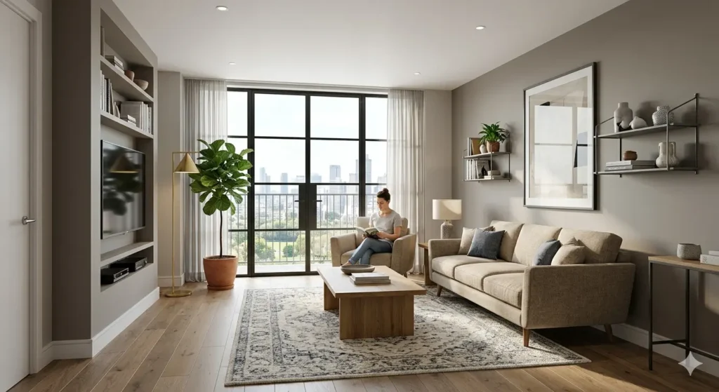 Interior Design on Besa-Pipla Road Nagpur 3 Photorealistic 3D interior render showing furniture scaling for an apartment drawing room