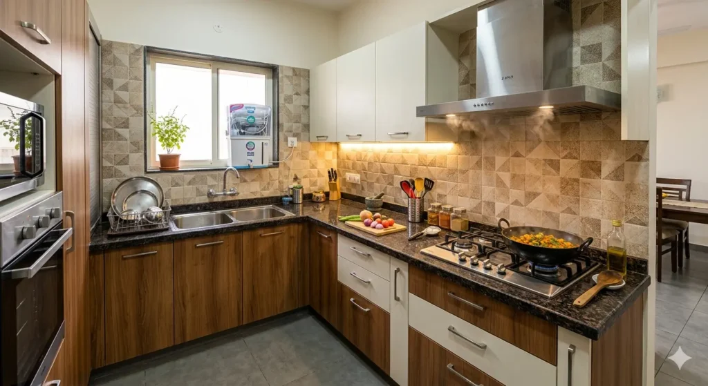 Interior Design for Homes in Dighori Nagpur 2 Practical L shaped modular kitchen with granite countertop and high capacity chimney for Indian cooking