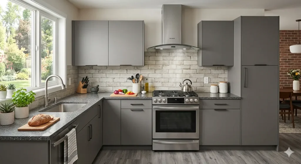 Practical modular kitchen in Mankapur featuring durable finishes and a high suction chimney