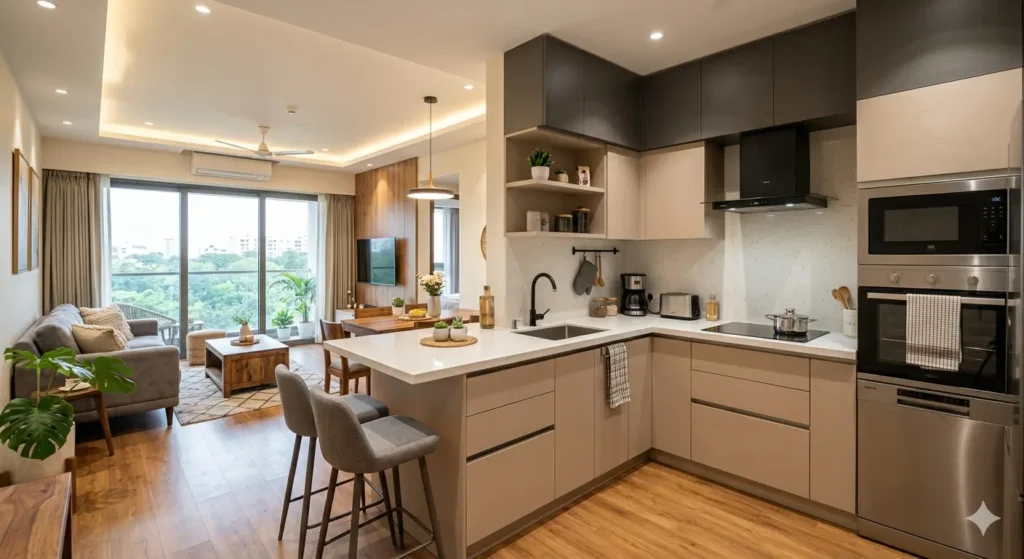 Premium 2BHK interior featuring quartz countertops and membrane finish kitchen shutters in Nagpur