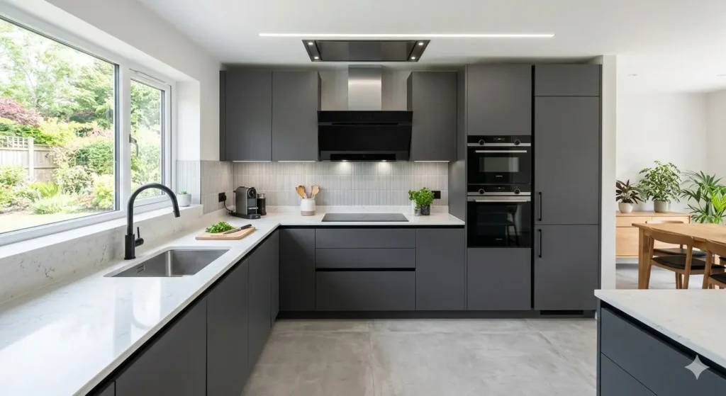 3BHK Flat Renovation Wardha Road Nagpur 2 Premium L shaped modular kitchen on Wardha Road featuring charcoal grey PU coated shutters a white quartz countertop and a built in chimney with high end hardware
