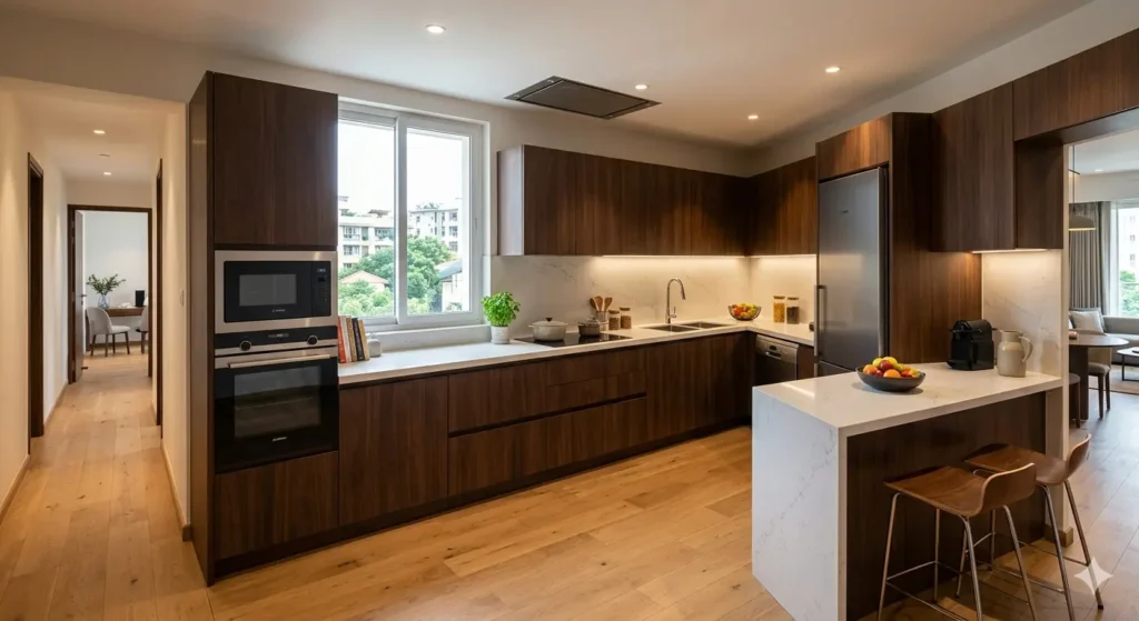3BHK Interior Design Cost in Jamtha Nagpur 1 Premium U shaped modular kitchen with engineered quartz countertops and built in appliances in a 3BHK