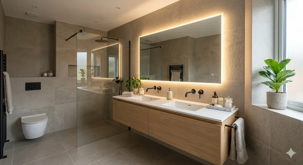 Premium bathroom renovation in Nagpur with large format neutral tiles wall hung fixtures and a backlit grooming mirror