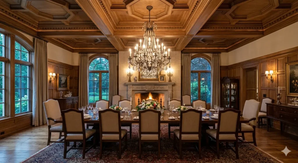 Luxury Bungalow Interior Design in Darwha 4 Premium dining room design with custom wood furniture and designer lighting