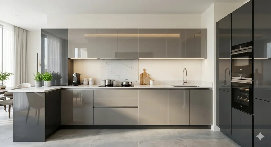Premium handleless modular kitchen in Nagpur with an integrated chimney and high gloss acrylic shutters