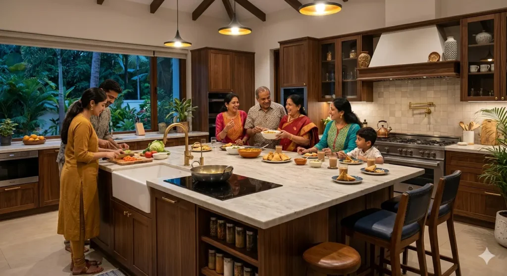 Best Interior Designer in Butibori Nagpur 2 Premium island kitchen design in a Butibori villa with extra prep space and a social gathering counter
