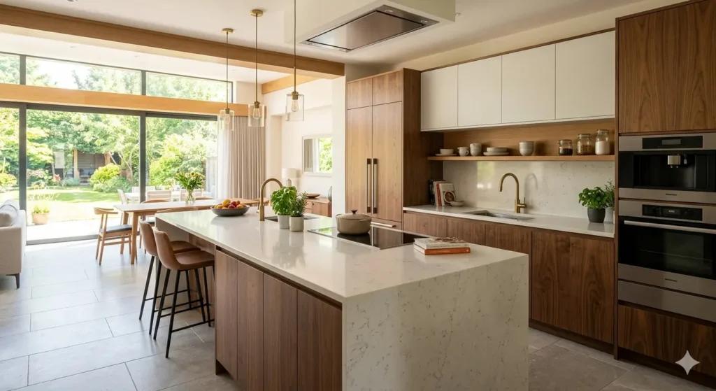 Bungalow Interiors in Civil Lines Nagpur 3 Premium modular kitchen design featuring quartz countertops seamless wooden veneer cabinetry and integrated high end appliances in a spacious bungalow layout