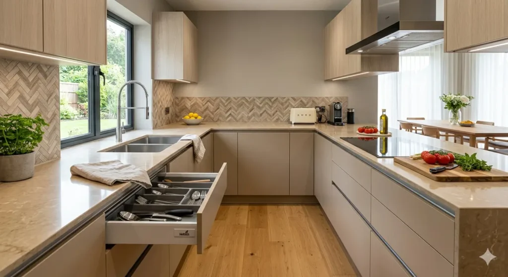 Best Interior Designer in Ghogli Nagpur 2 Premium modular kitchen in Ghogli with a beige quartz countertop and Hettich soft close hardware