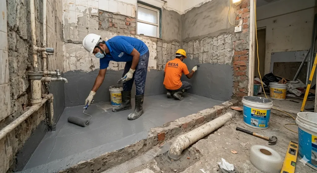 2BHK Interior Cost in Besa Nagpur 4 Professional bathroom waterproofing stages for an aging Besa society flat renovation