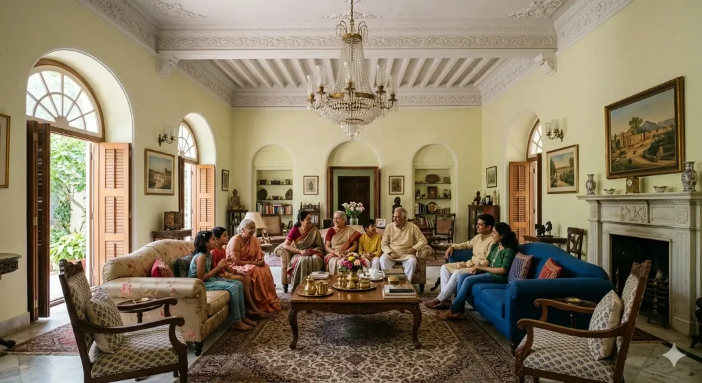 Best Interior Designer Civil Lines Nagpur 1 Restored Civil Lines drawing room with 14 foot ceilings a central chandelier and mid room conversational seating