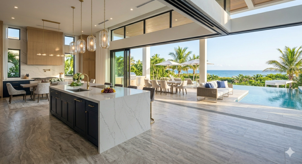 Villa Interior Design in Shankarpur Nagpur 4 Seamless indoor outdoor living transition using consistent natural stone flooring from the living room to the terrace