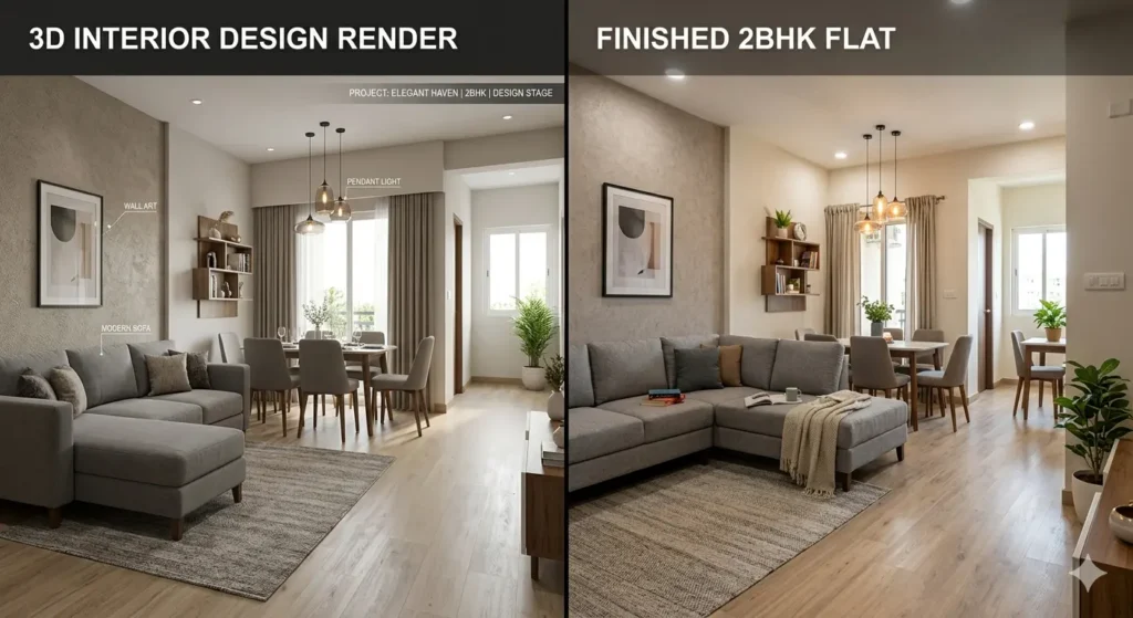 New Home Interior Ideas for Beltarodi Nagpur 1 Side by side comparison of a 3D interior design render and the finished 2BHK flat in Beltarodi