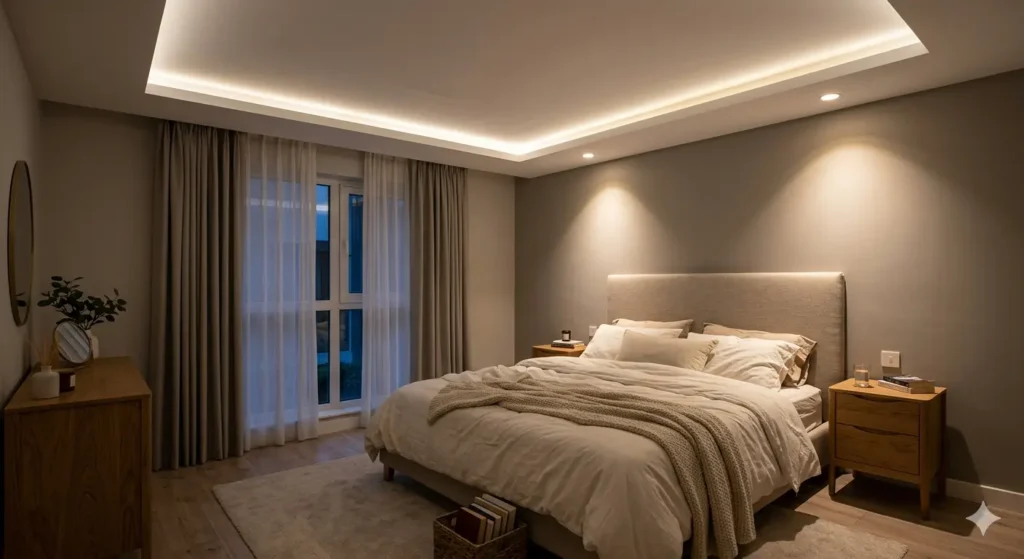 False Ceiling Ideas for Hot Climate in Nagpur 3 Simple bedroom false ceiling design with warm LED downlights positioned over the bedside