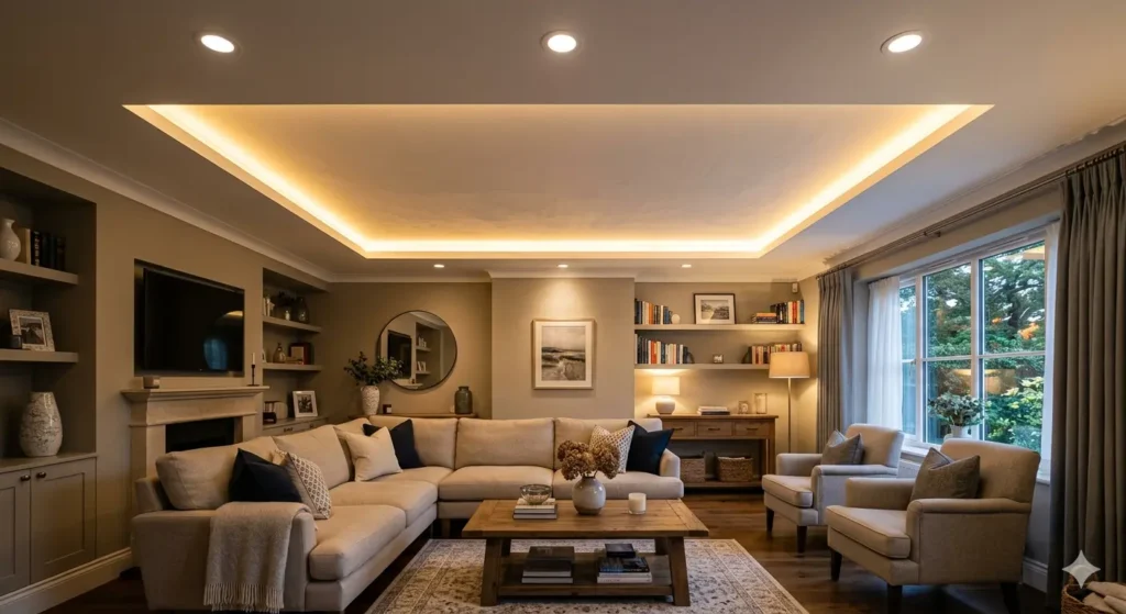 Affordable Home Interiors in Narsala Nagpur 4 Simple gypsum false ceiling with warm LED cove lighting in a budget friendly Nagpur drawing room