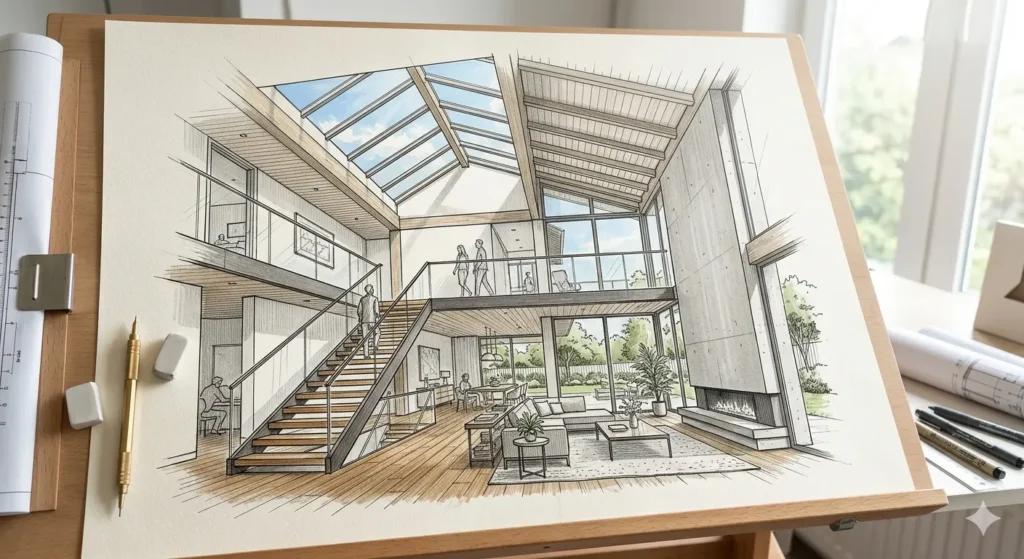 Skylight and staircase design for natural light in duplexes