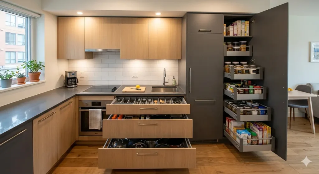 Township Flat Interior Design in Jamtha Nagpur 4 Small modular kitchen layout with tall pantry unit and tandem drawers for a Jamtha apartment