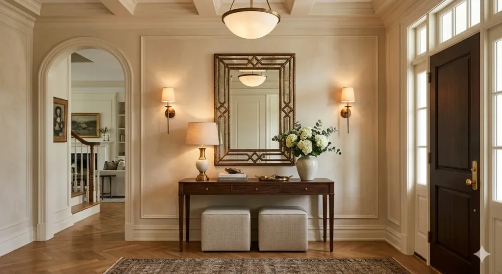 Sophisticated entry foyer in a Ramdaspeth home with a console table architectural mirror and warm wall lighting