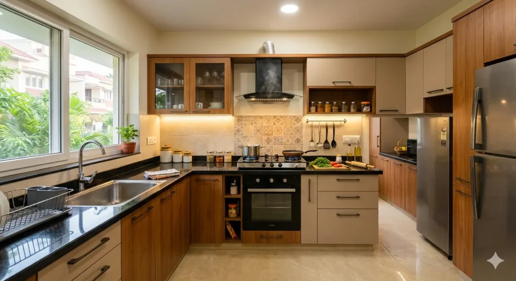 Vastu Compliant Interior Design in Nagpur 2 Southeast modular kitchen layout with east facing cooking platform designed