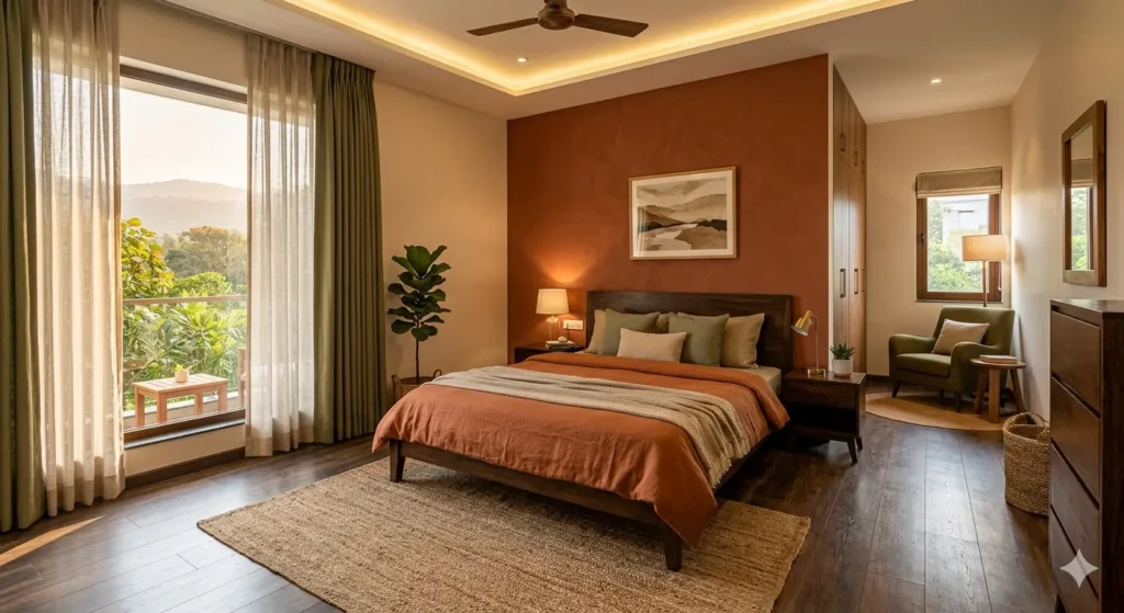 Vastu Compliant Interior Design in Nagpur 3 Southwest master bedroom layout with Vastu compliant bed orientation and earthy color tones