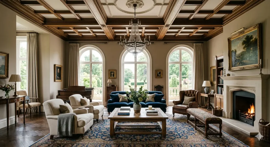 Spacious Dharampeth drawing room with high coffered ceilings and a curated conversational seating arrangement