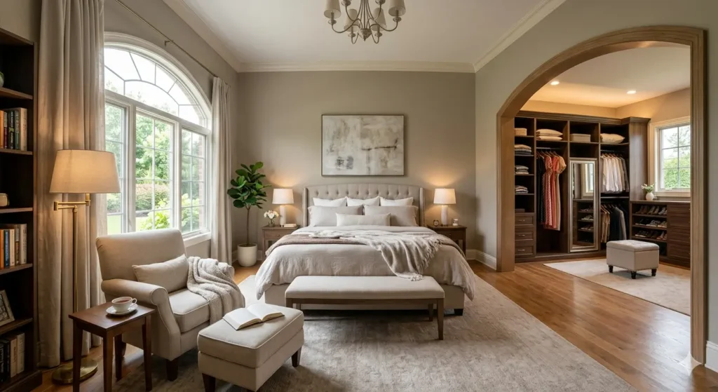 Best Interior Designer in Butibori Nagpur 3 Spacious master bedroom retreat in Butibori with a dedicated reading nook and walk in dressing area