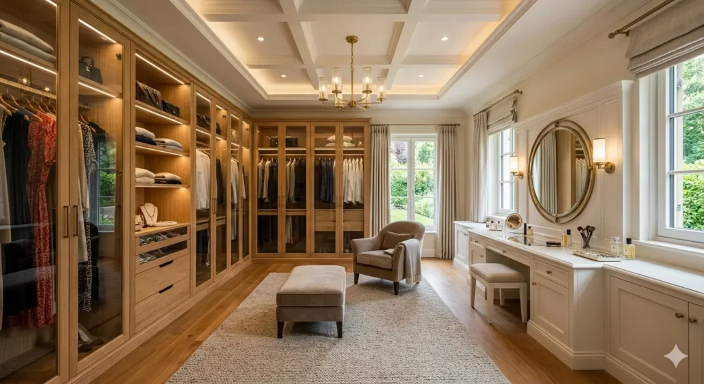 Spacious walk in dressing room in a Khapri villa with perimeter wardrobes and a dedicated vanity station