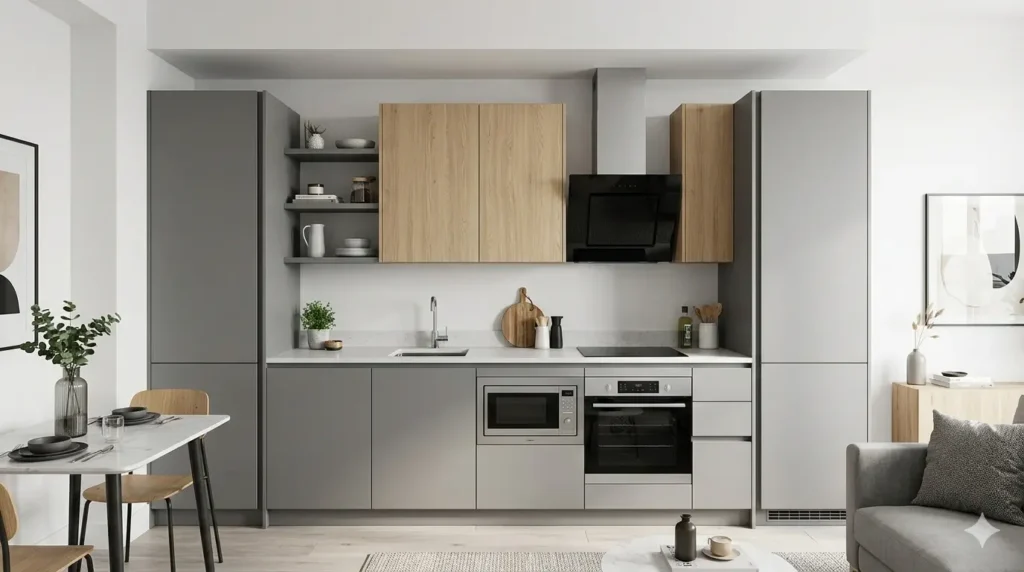 Interior Design for Studio Apartments in Nagpur 2 Straight line studio kitchen with handleless cabinets and a high suction chimney for small spaces