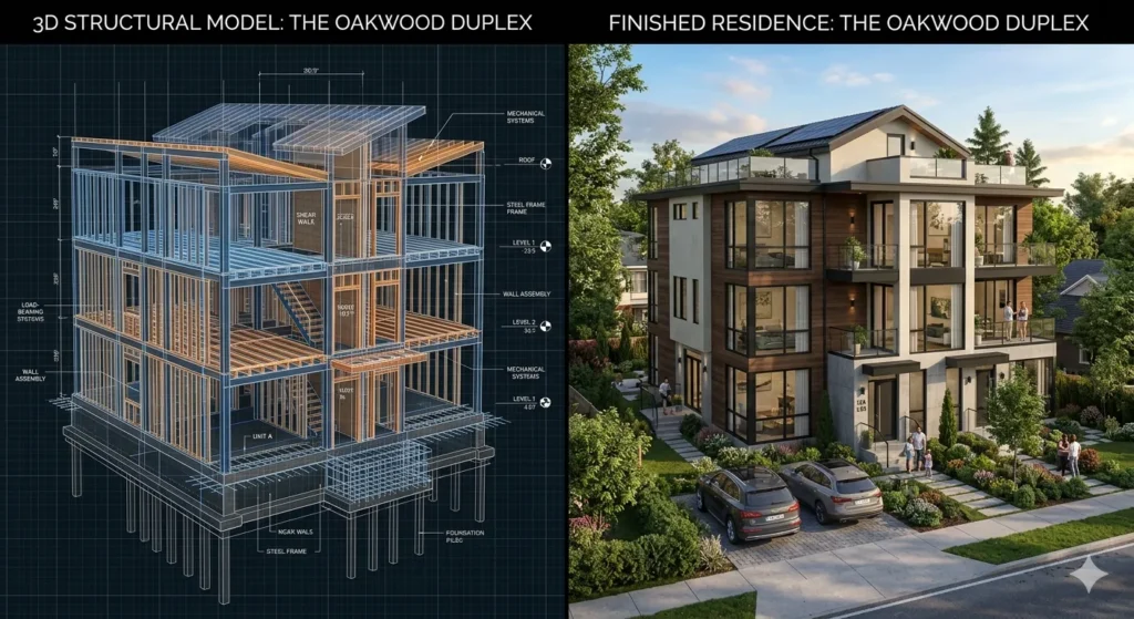 Structural engineering vs. 3D architectural visualization for duplexes 1