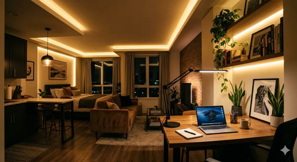 Interior Design for Studio Apartments in Nagpur 4 Studio apartment lighting design with warm 2700K LED coves and dedicated task lighting for the work desk