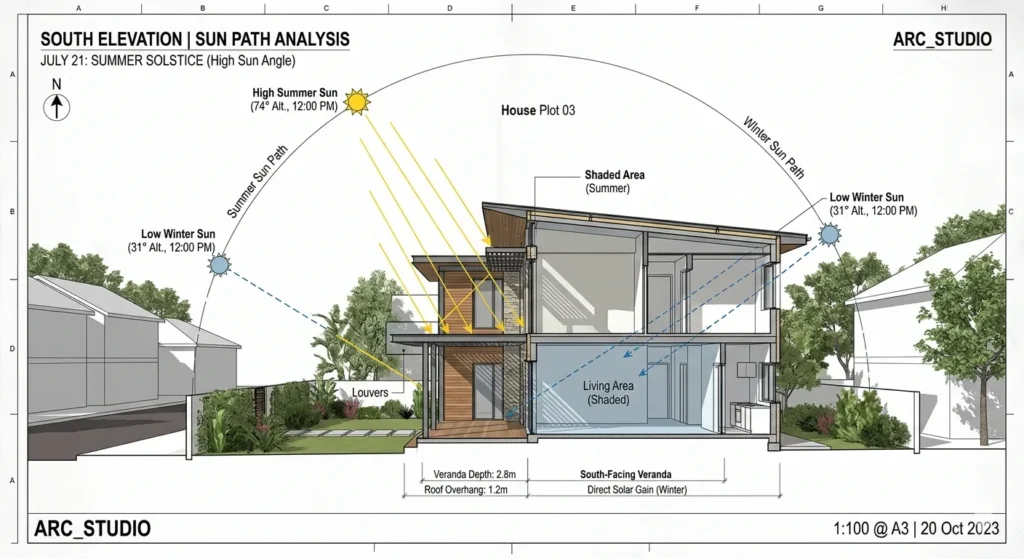 Sun path analysis for climate responsive house design in Dhamangaon
