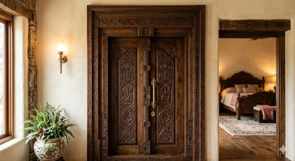 Teak wood carved door and entrance detail for a master bedroom