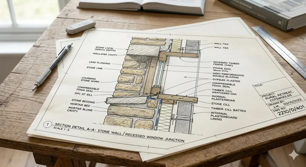Technical detail of material junctions in luxury construction
