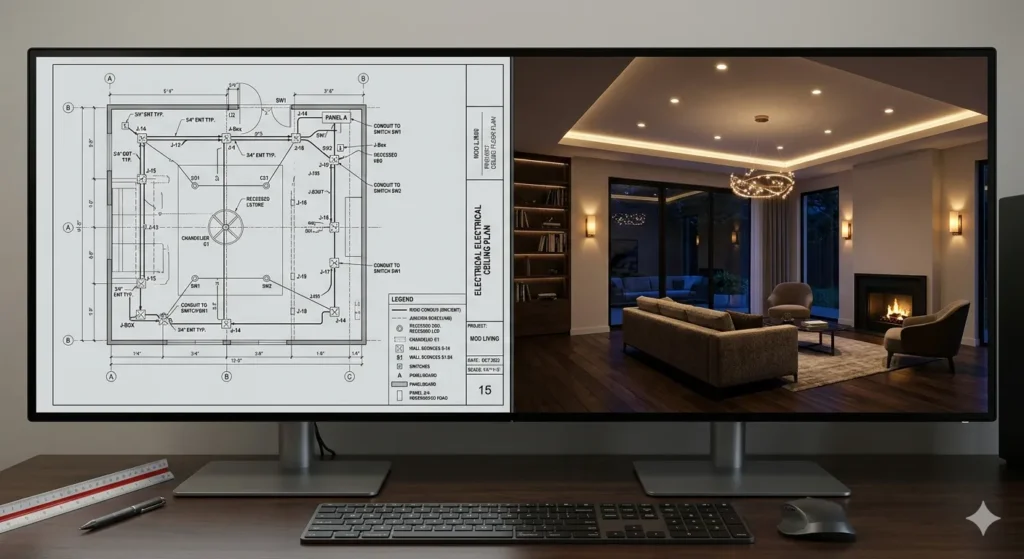 Technical electrical planning vs. 3D interior walkthrough