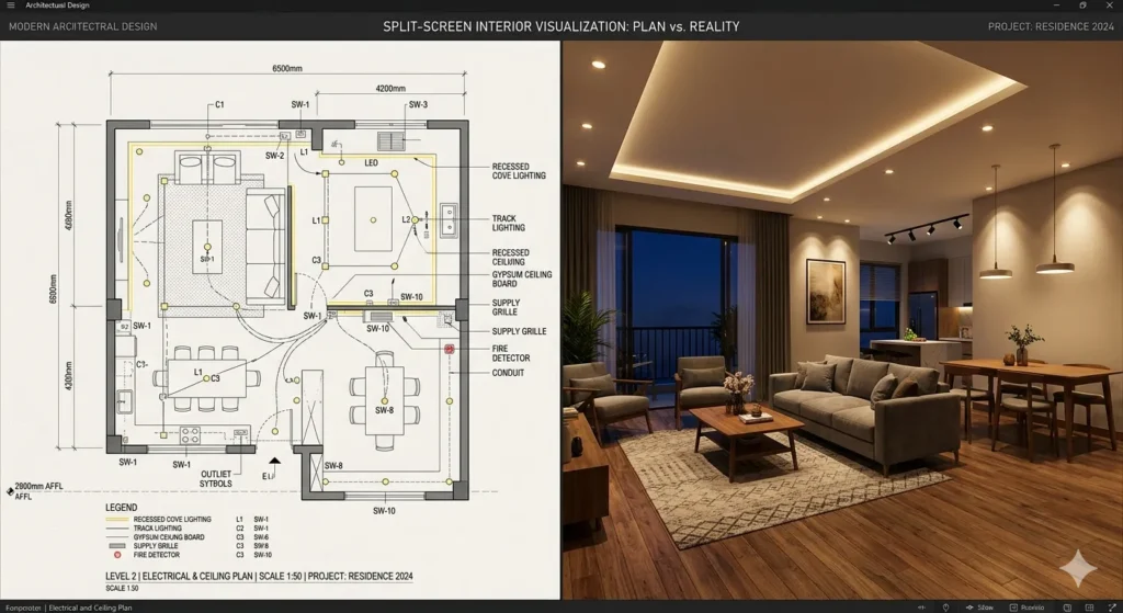 Technical interior planning from 2D electrical layouts to 3D renders