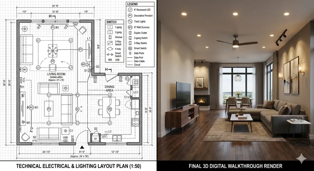 Top Interior Designers in Darwha 4 Technical lighting layout and 3D walkthrough for home interiors