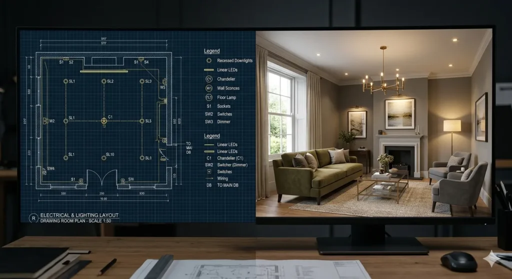 Technical lighting plans vs. 3D interior walkthrough for home design