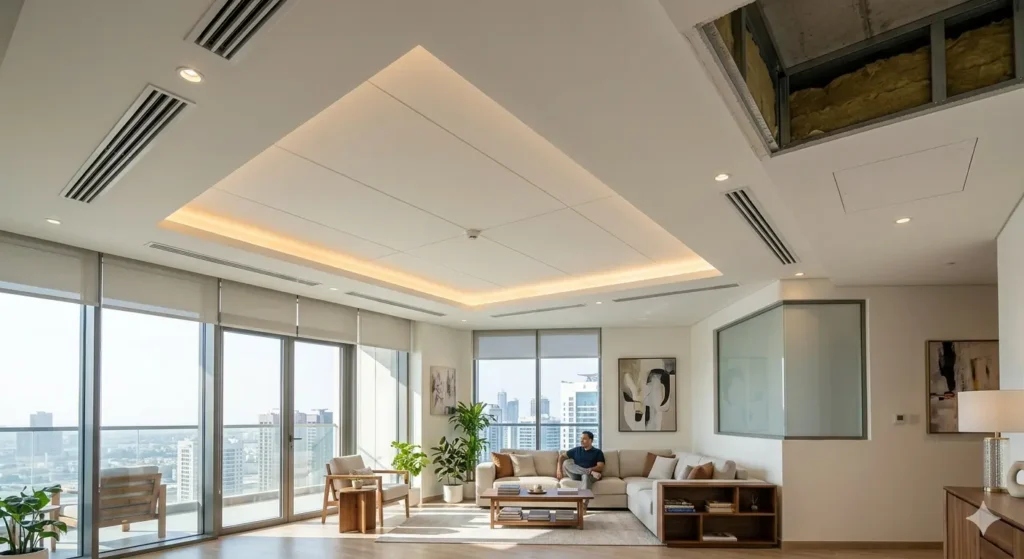 Thermal buffer gypsum false ceiling design for energy efficiency in top floor Nagpur flats
