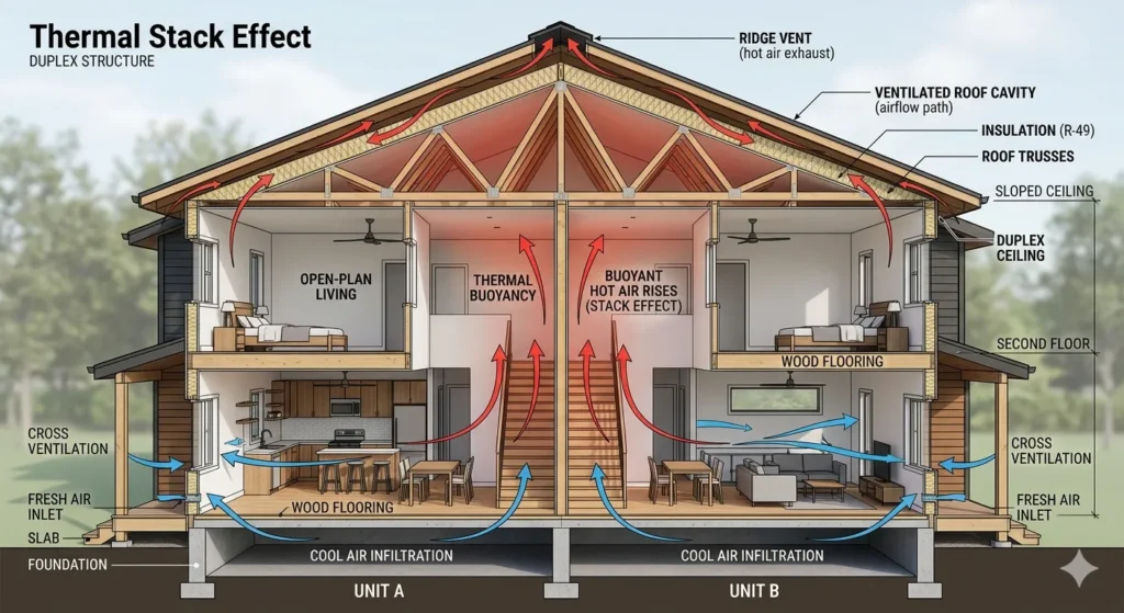 Thermal ventilation and heat management for Ralegaon duplexes