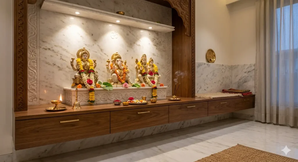 Traditional Indian puja room design with integrated LED lighting