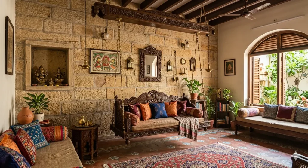 Traditional Indian style living room design with jhoola in Digras