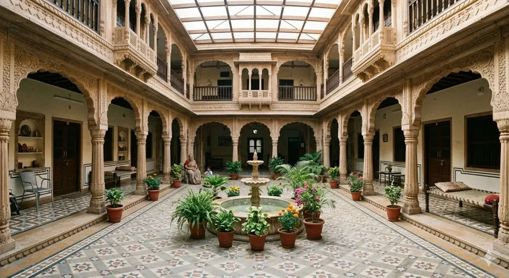 Traditional central courtyard Aangan design in a Digras bungalow